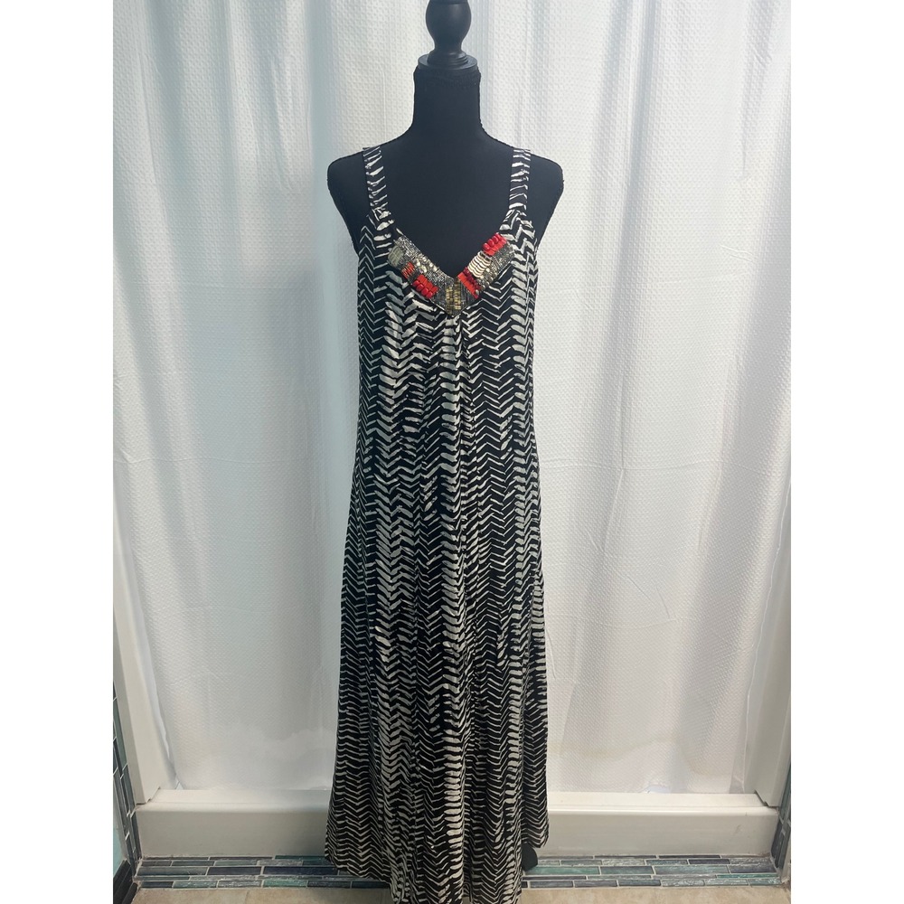 Velvet by Graham & Spencer Silk Maxi Dress Black White Zebra Beaded V-Neck XS